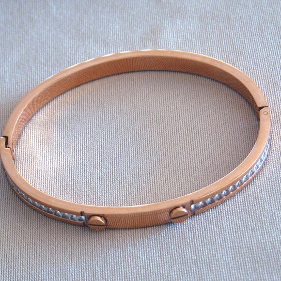 Elegant Stainless Steel Gold Plated Bangle Bracelet Enhanced By Zircons.   NEW - Picture 2 of 4